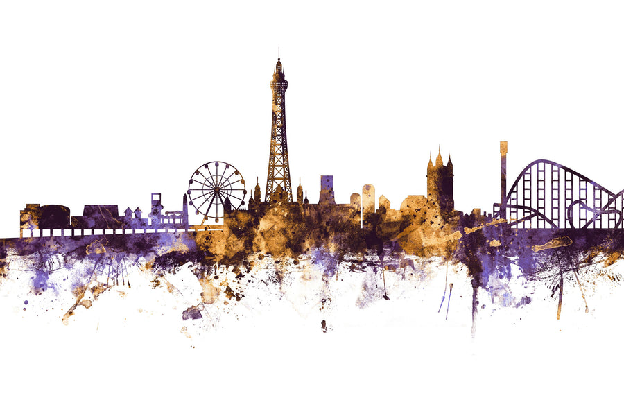 Blackpool England Skyline Purple & Gold Mural Wallpaper