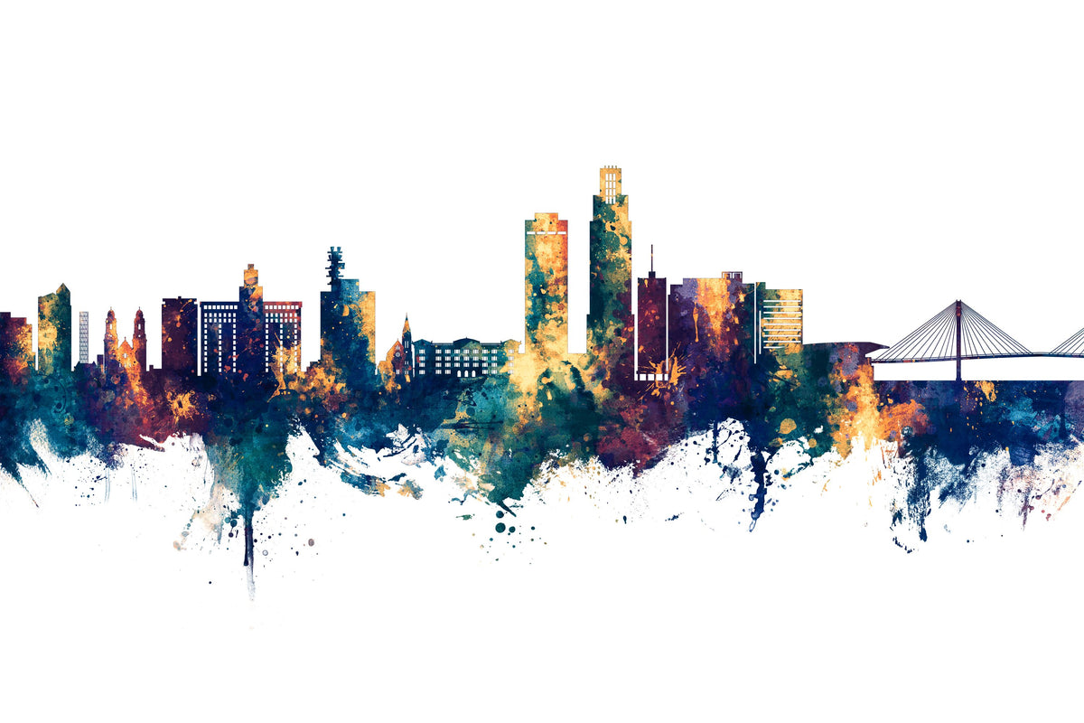 Omaha Nebraska Skyline Blue & Bronze Mural Wallpaper - pure wallpaper artwork