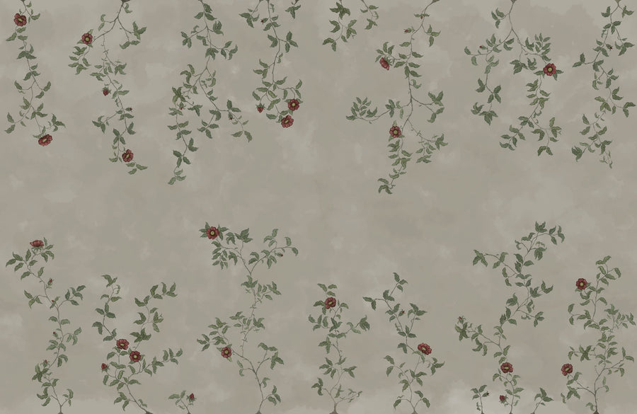 Rambling Rose, Garnet on Greige Mural Wallpaper