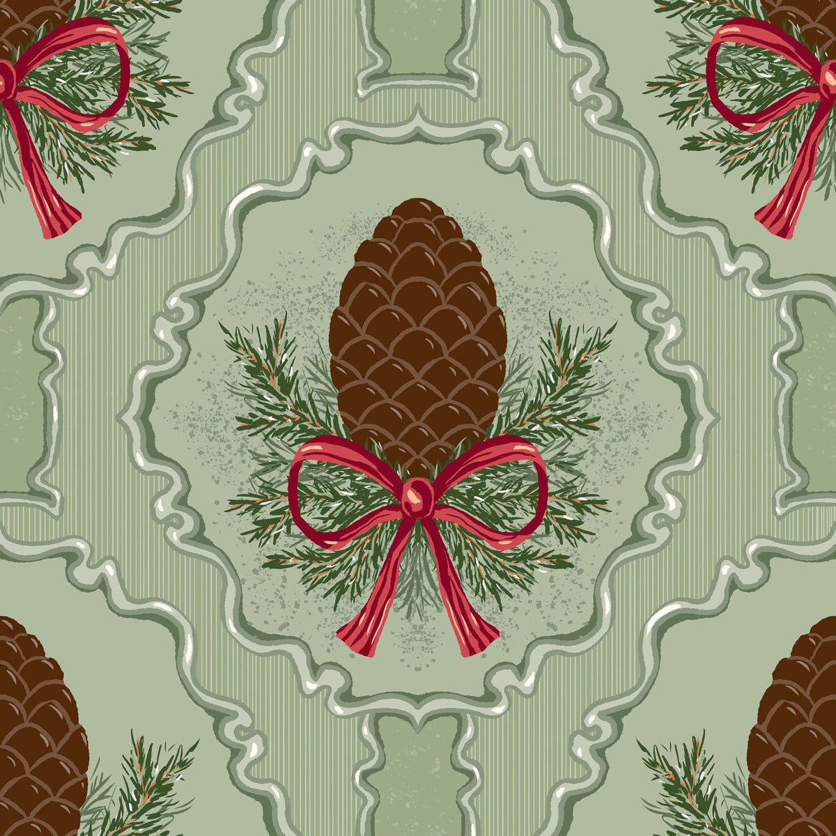 Pine Cone & Ornate Rackets, Mint Mural Wallpaper - pure wallpaper artwork