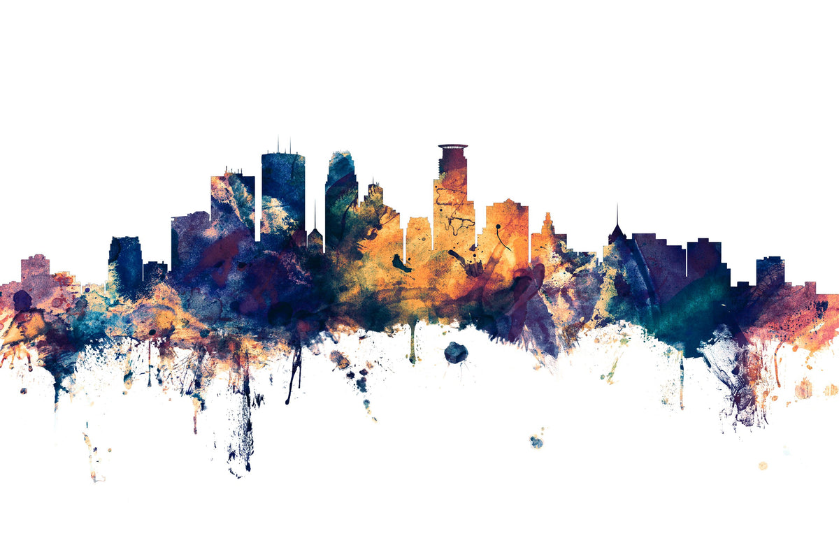 Minneapolis Minnesota Skyline Blue & Bronze Mural Wallpaper - pure wallpaper artwork