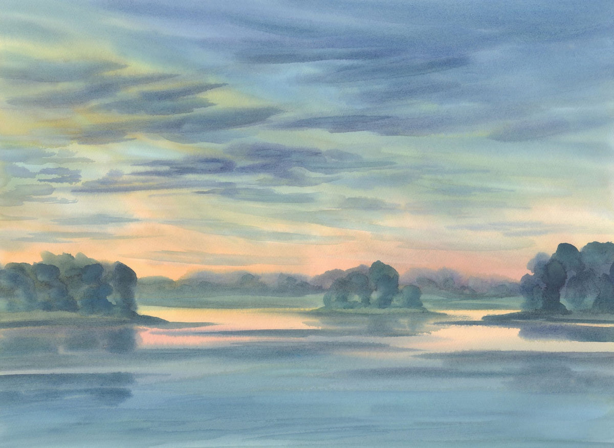 Watercolor Twilight Lake Mural Wallpaper - pure wallpaper artwork