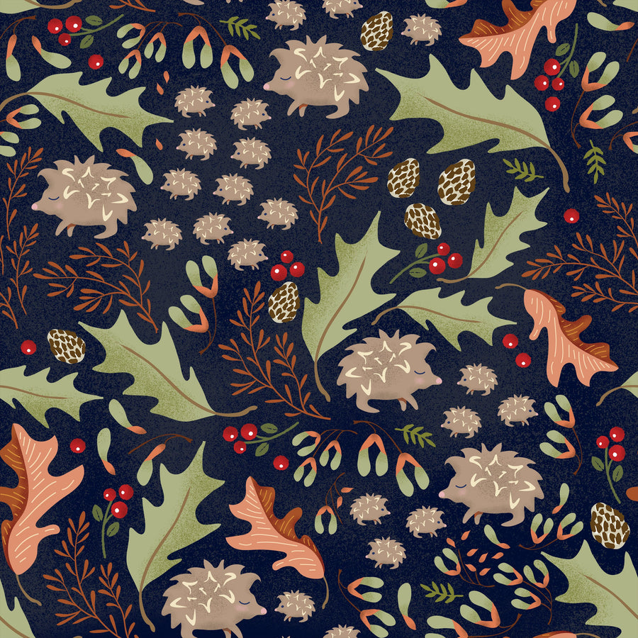 Autumn Hedgehogs, Navy Mural Wallpaper