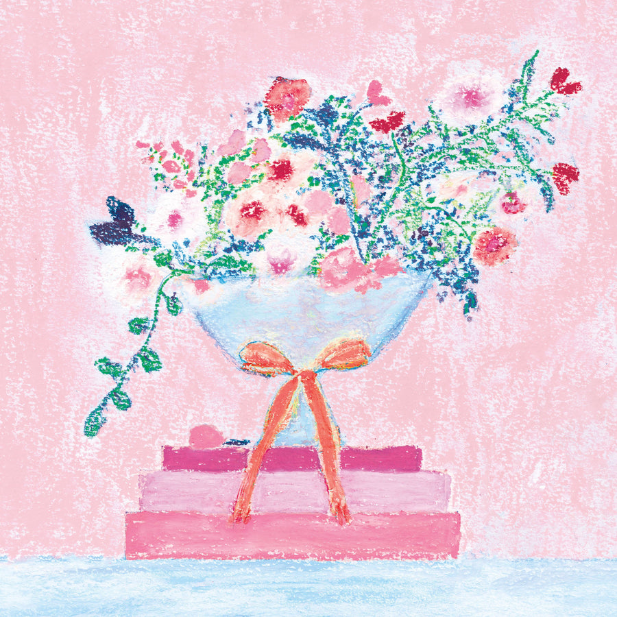 Flower Vases and Books Square Pink Mural Wallpaper