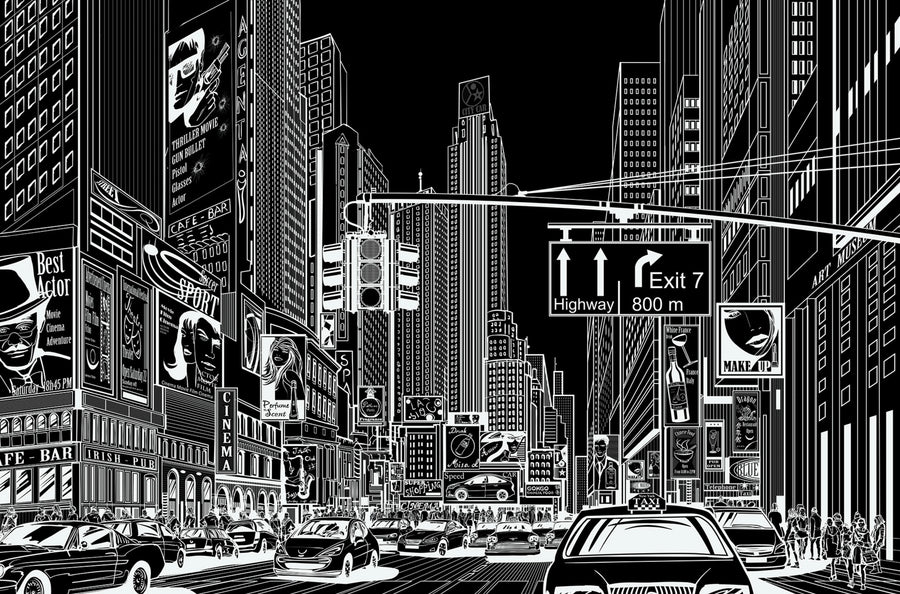 Cartoon City, Black Mural Wallpaper