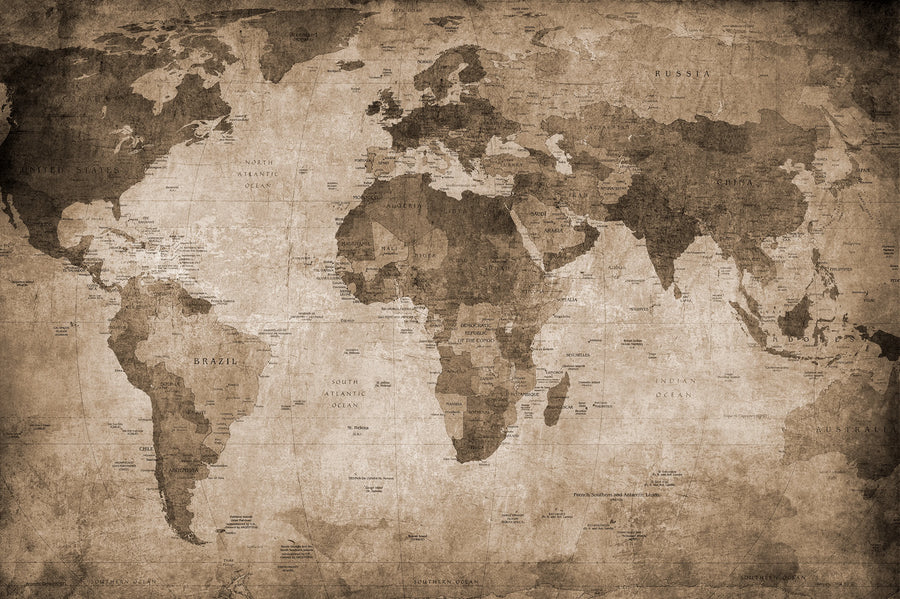 World Map, Brown Mural Wallpaper