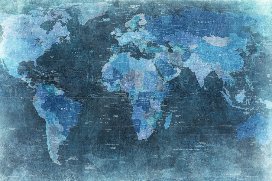 World Map, Blue Mural Wallpaper