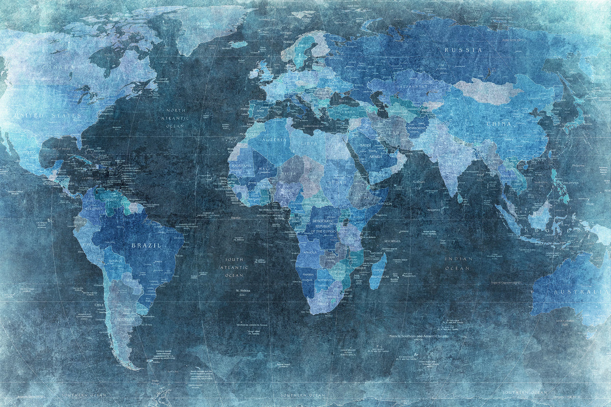 World Map, Blue Mural Wallpaper - pure wallpaper artwork