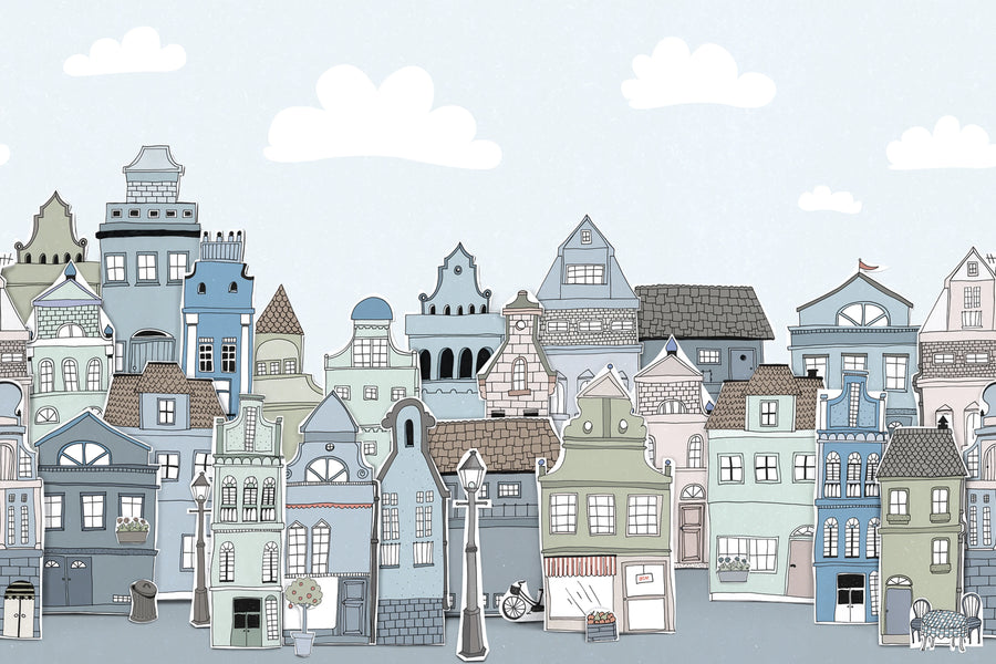 London Houses, Blue Mural Wallpaper