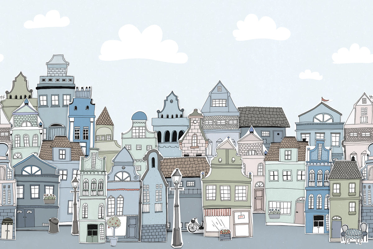 London Houses, Blue Mural Wallpaper - pure wallpaper artwork