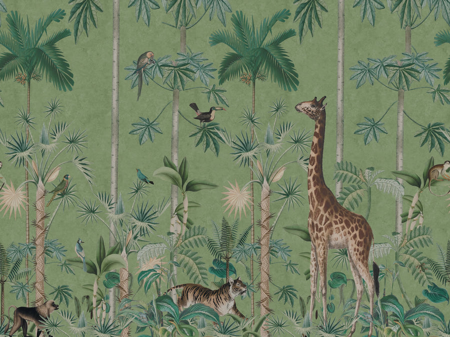 Giraffes Stroll, Emerald Mural Wallpaper