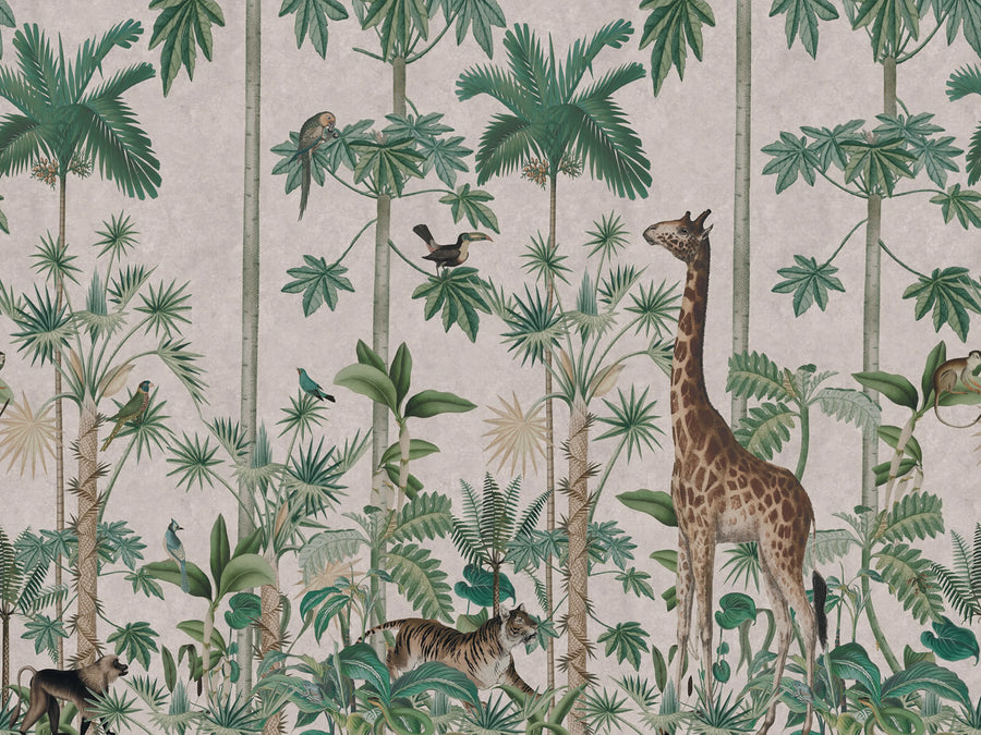 Giraffes Stroll, Pastel Pink Mural Wallpaper