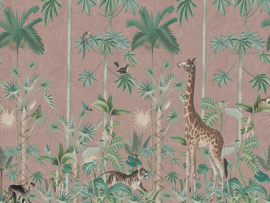 Giraffes Stroll, Pink Mural Wallpaper