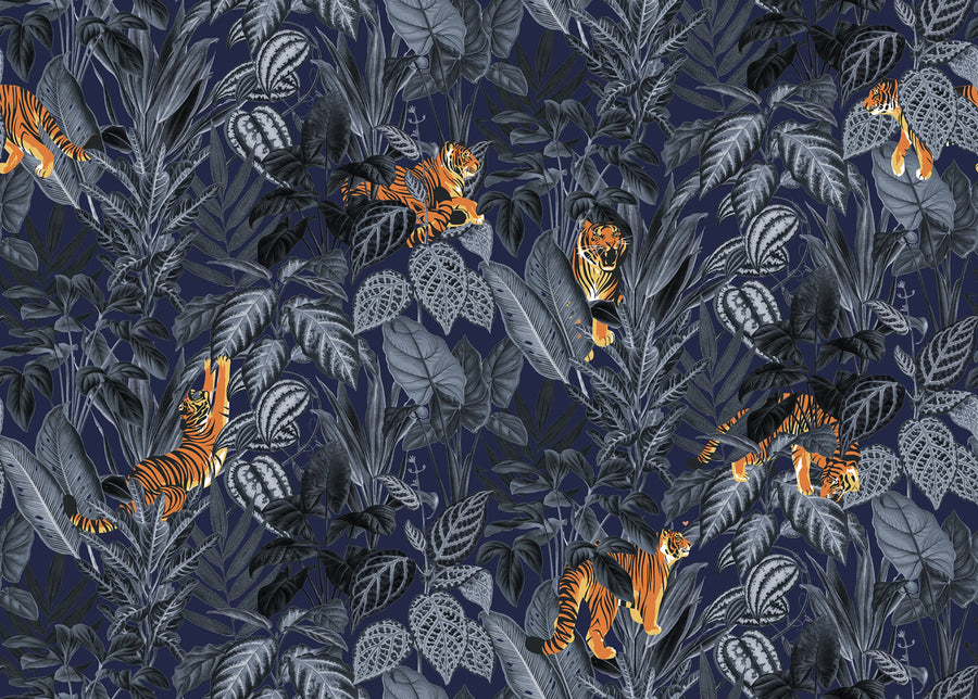 Mischievous Tigers, Moonlight Mural Wallpaper