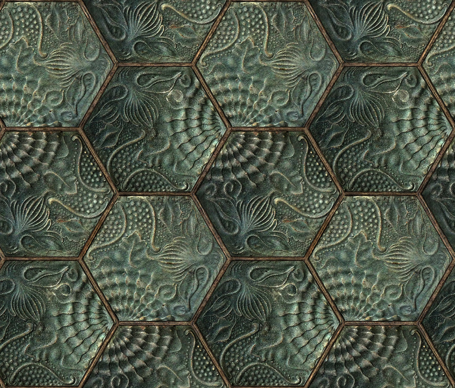 Hexagon Tiles Emerald Mural Wallpaper