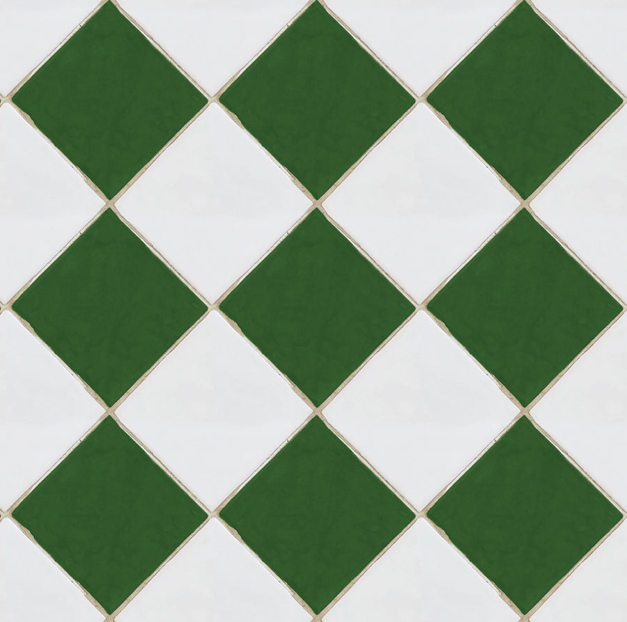 Checkered Tiles, White & Green Mural Wallpaper