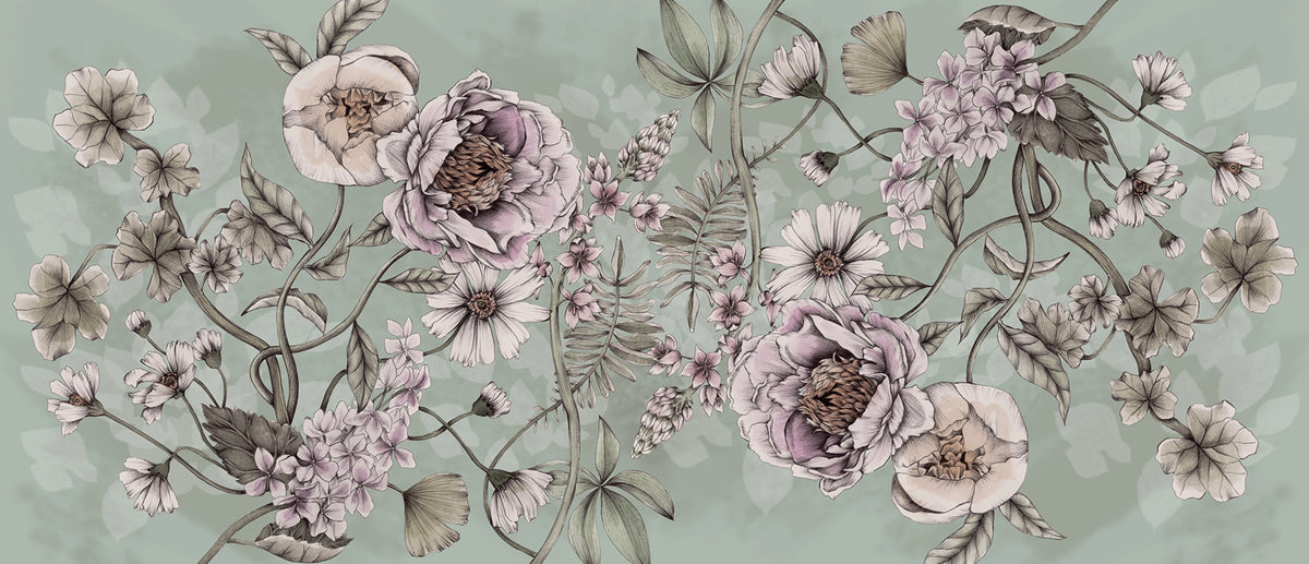 Spring Flower, Green Mural Wallpaper - pure wallpaper artwork