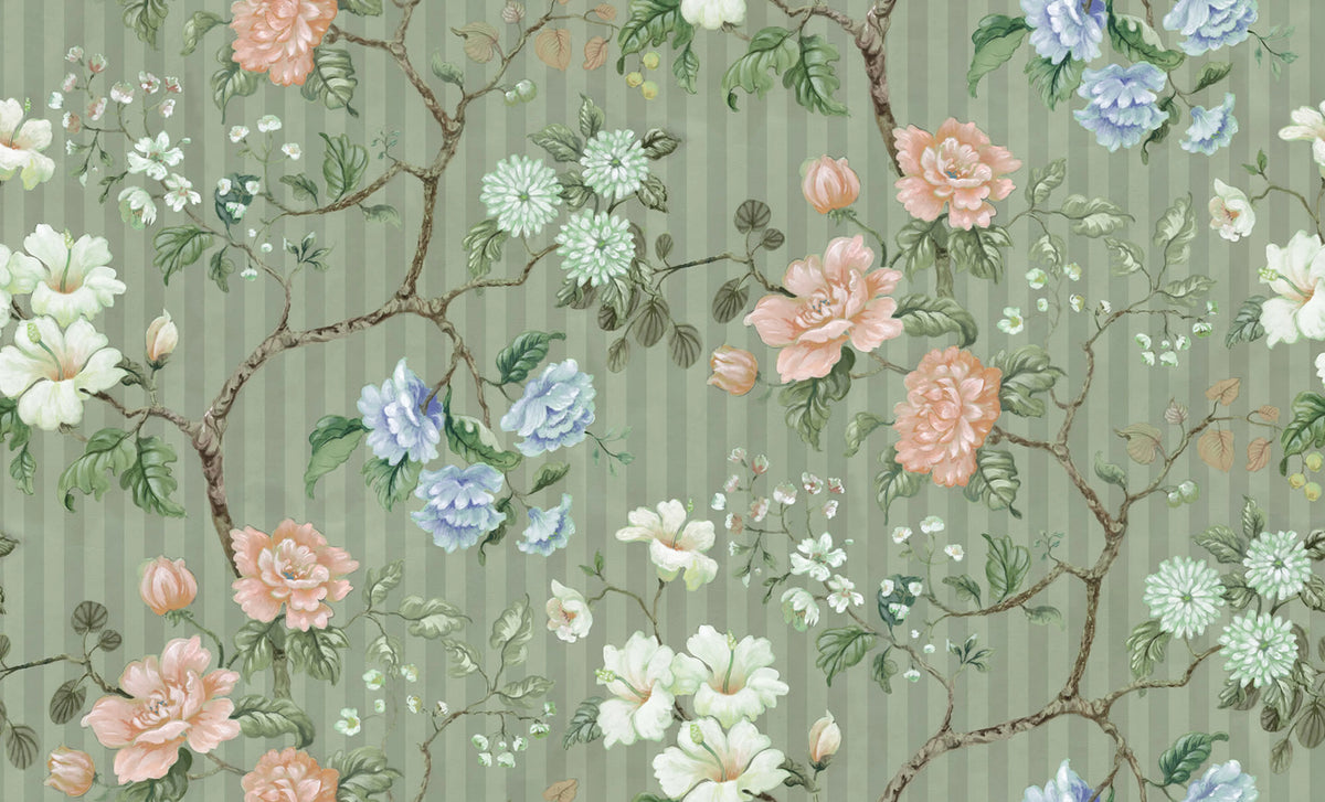 Rose Stripe, Green Mural Wallpaper - pure wallpaper artwork