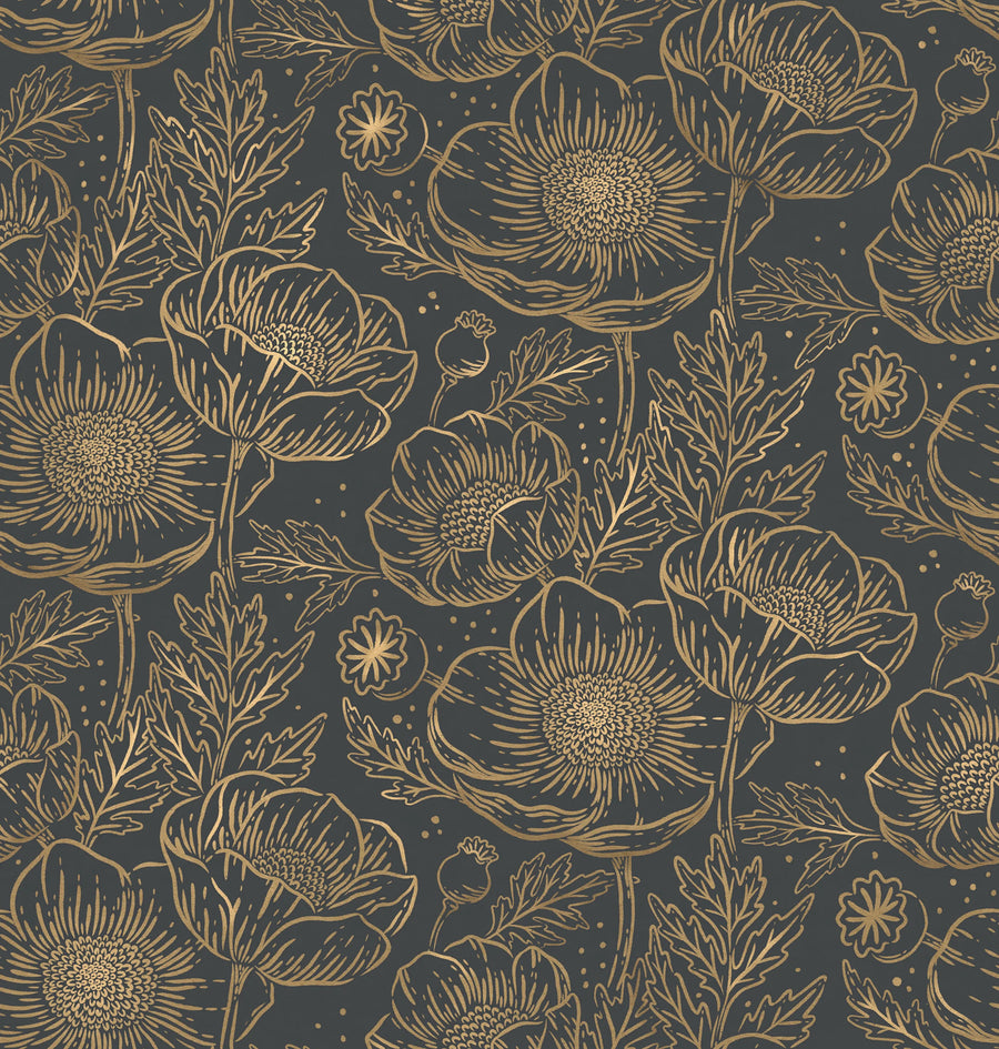 Golden Poppy, Midnight Mural Wallpaper