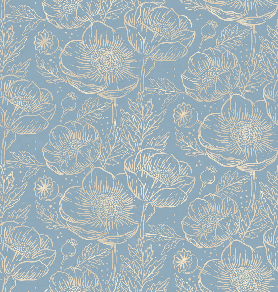 Golden Poppy, Baby Blue Mural Wallpaper