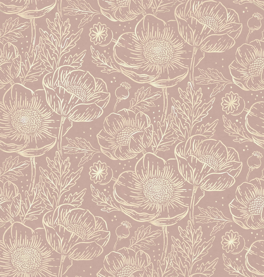 Golden Poppy, Dusty Pink Mural Wallpaper