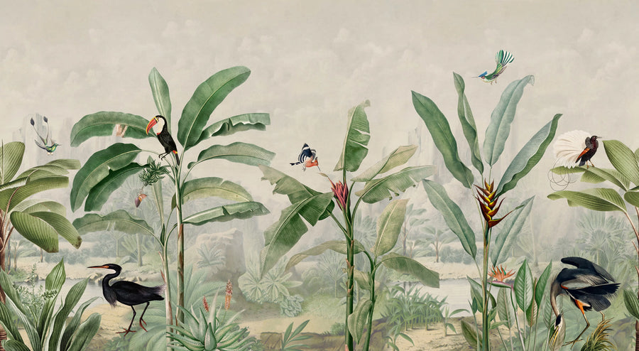 Tropical Palms, Birds Mural Wallpaper