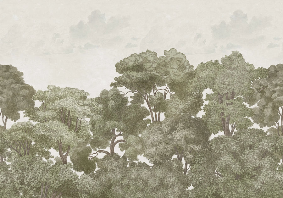 Bellewood Clouds, Green Vintage Mural Wallpaper