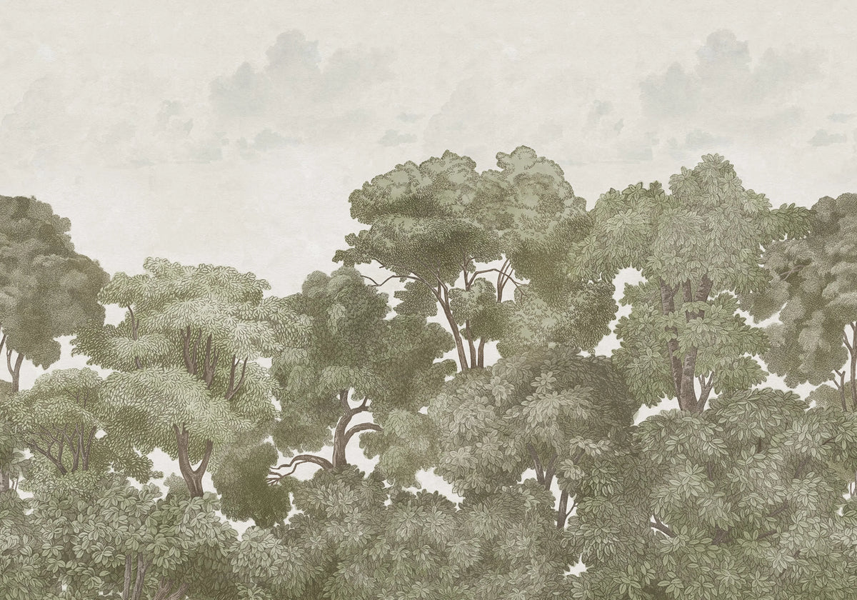 Bellewood Clouds, Green Vintage Mural Wallpaper - pure wallpaper artwork
