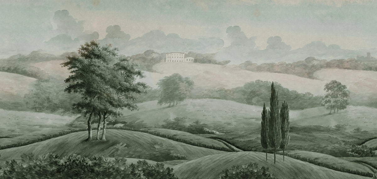 Hilltop House, Green Mural Wallpaper - pure wallpaper artwork