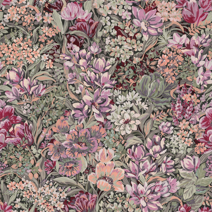 Floral Garden, Red Mural Wallpaper