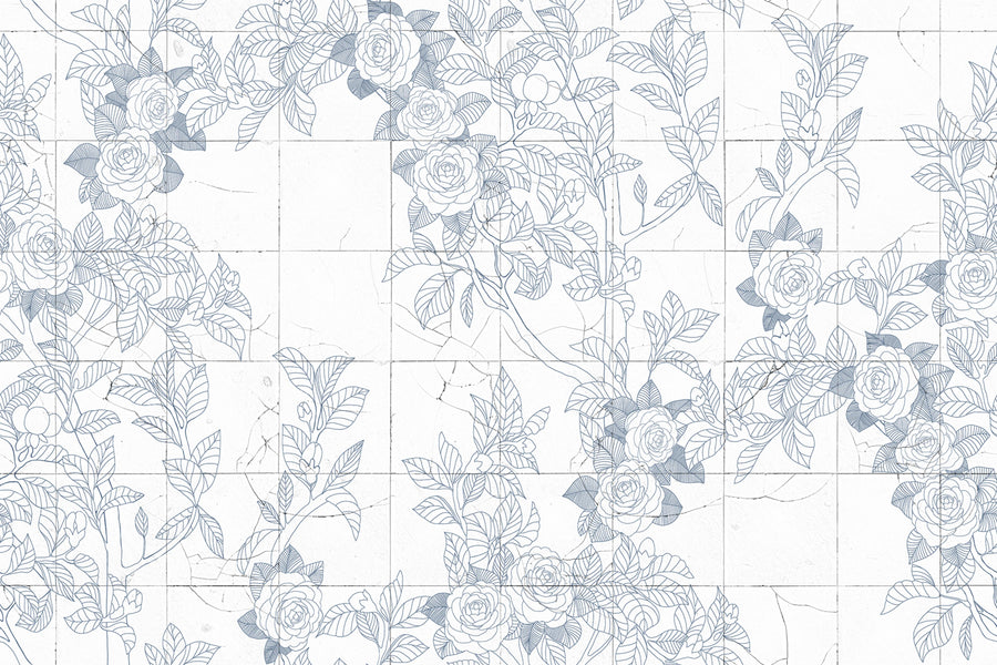 Rose Tiles, Blue Mural Wallpaper