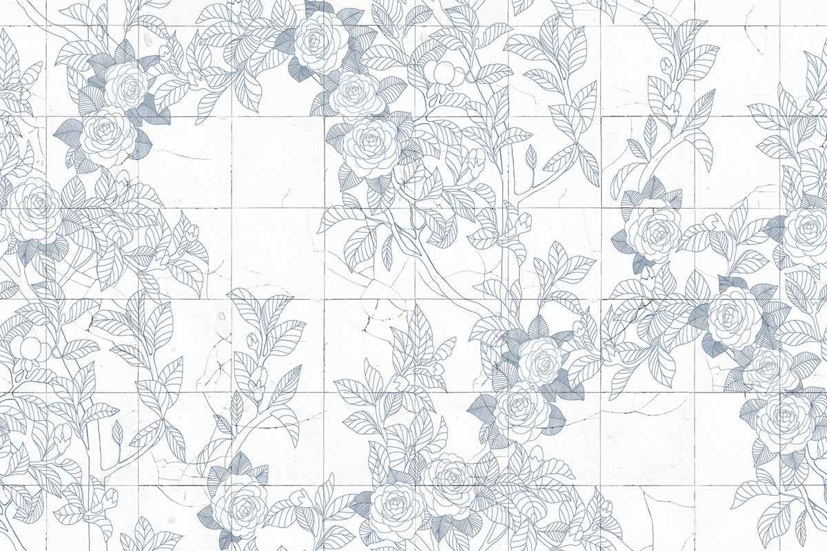 Rose Tiles, Blue Mural Wallpaper - pure wallpaper artwork