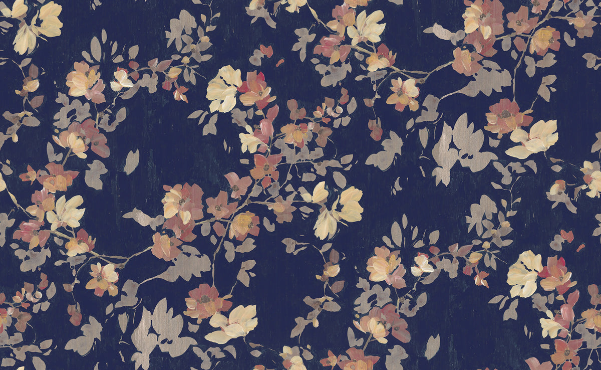 Blooming Garden, Dark Blue Mural Wallpaper - pure wallpaper artwork