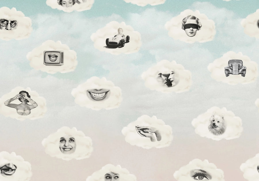 Retro Clouds, Blue Mural Wallpaper