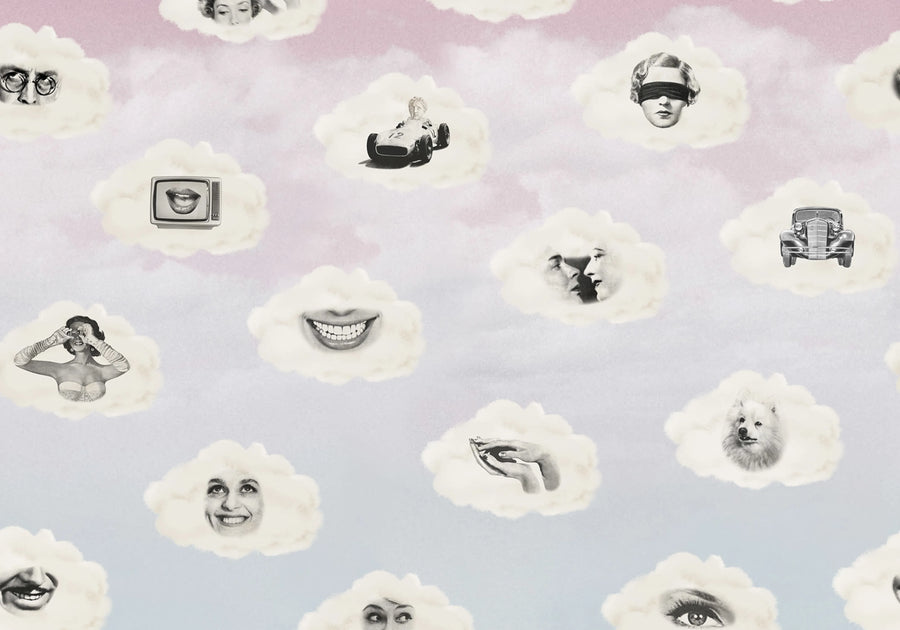 Retro Clouds, Pink Mural Wallpaper