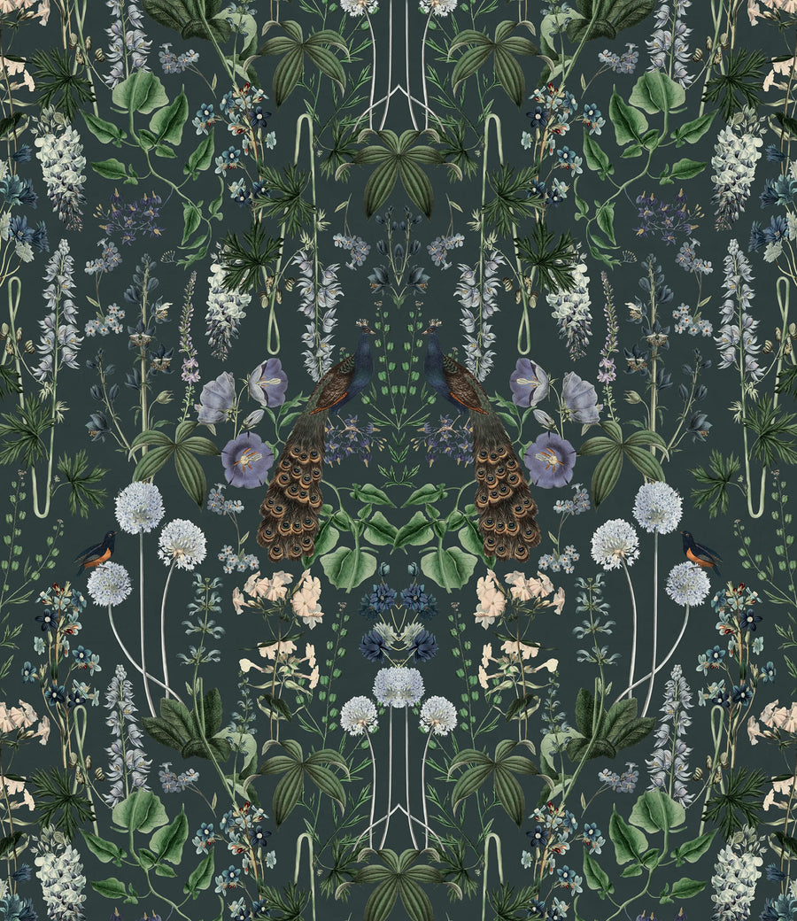 Peacock Garden, Black Mural Wallpaper