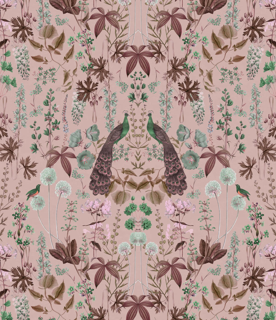 Peacock Garden, Pink Mural Wallpaper