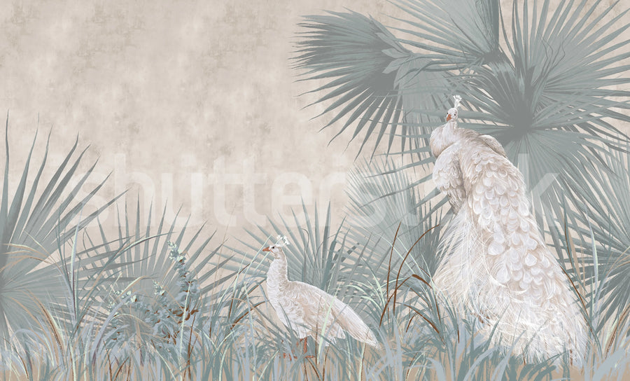 White Peacocks Mural Wallpaper