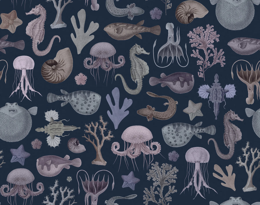 Sea Life, Navy Blue Mural Wallpaper