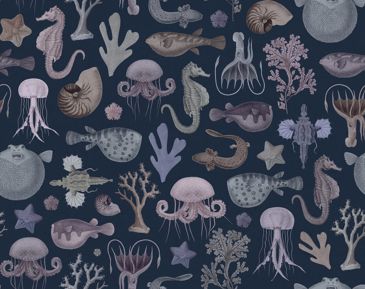 Sea Life, Navy Blue Mural Wallpaper - pure wallpaper artwork