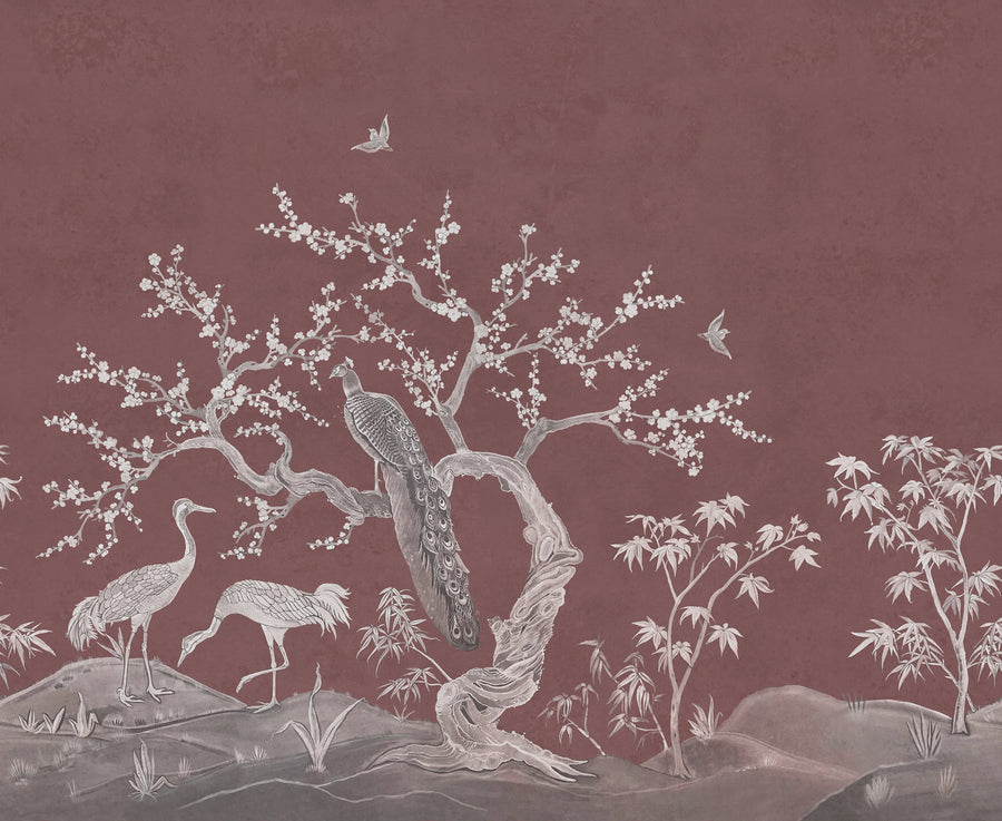 Chinoiserie Blossom, Raspberry Red Mural Wallpaper