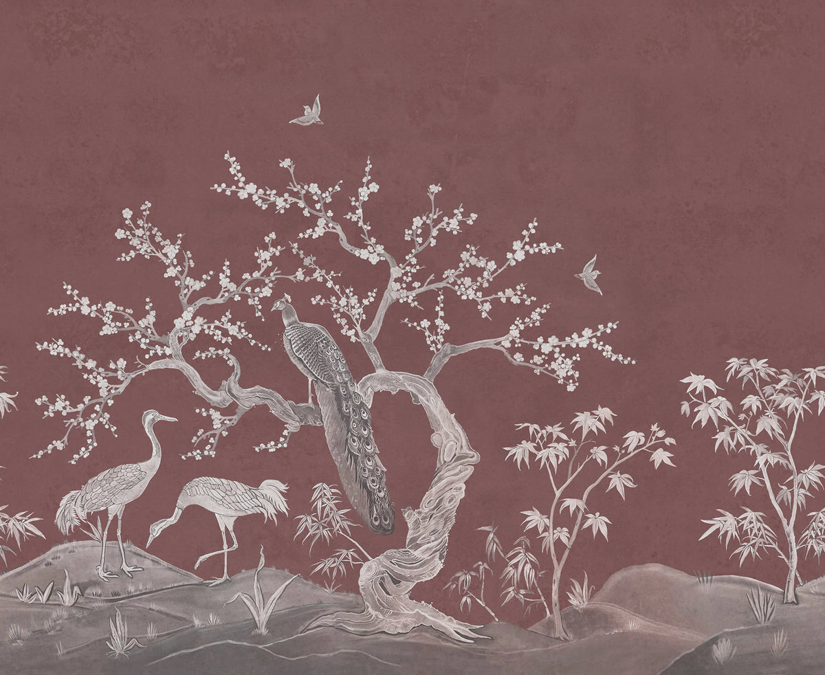 Chinoiserie Blossom, Raspberry Red Mural Wallpaper - pure wallpaper artwork