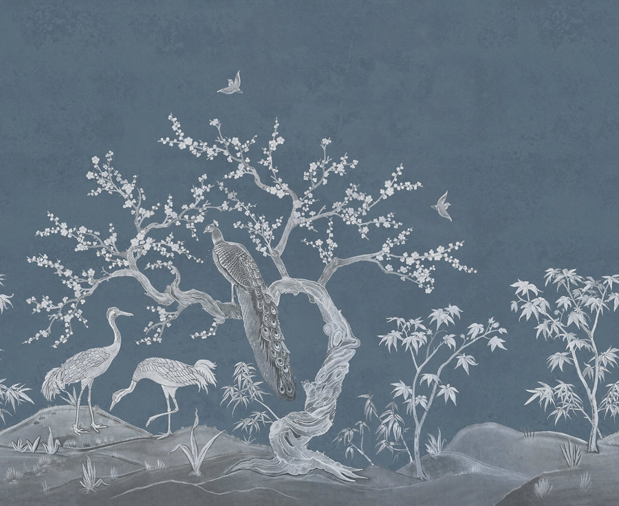 Chinoiserie Blossom, Navy Blue Mural Wallpaper