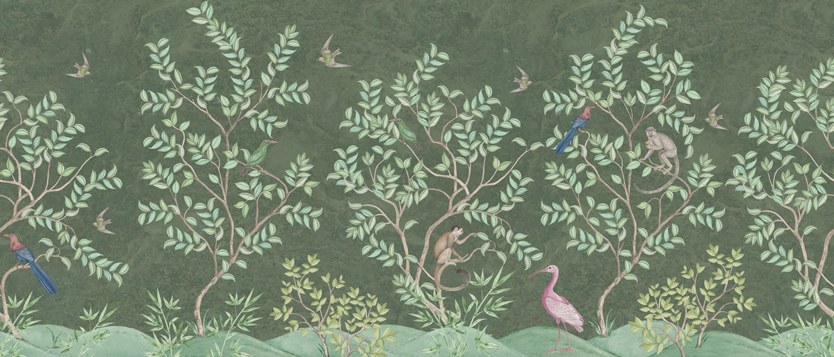 Monkeys Paradise, Sage Green Mural Wallpaper - pure wallpaper artwork