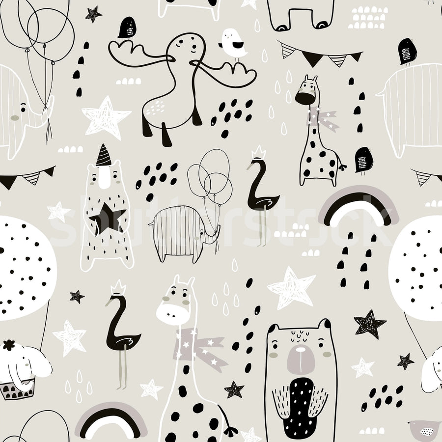 Happy Animals, Gray Mural Wallpaper
