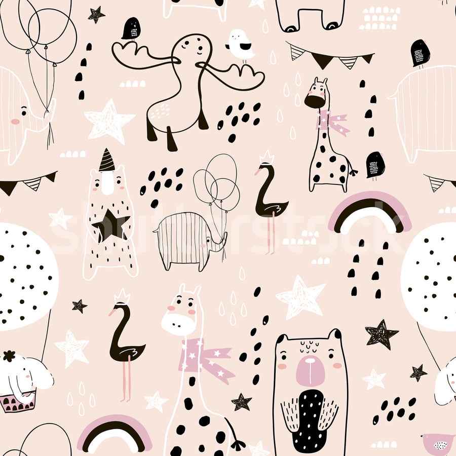 Happy Animals, Pink Mural Wallpaper
