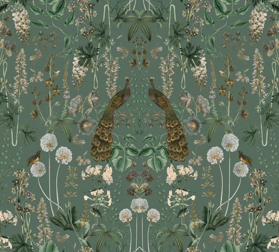 Peacock Garden, Green Mural Wallpaper