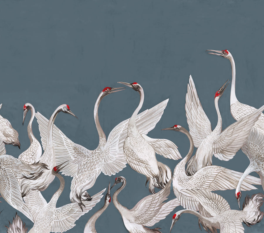 Soaring Cranes, Blue Mural Wallpaper