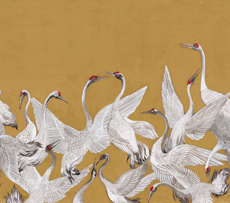Soaring Cranes, Yellow Mural Wallpaper
