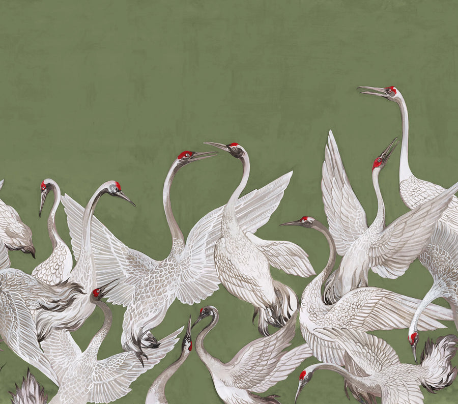 Soaring Cranes, Green Mural Wallpaper